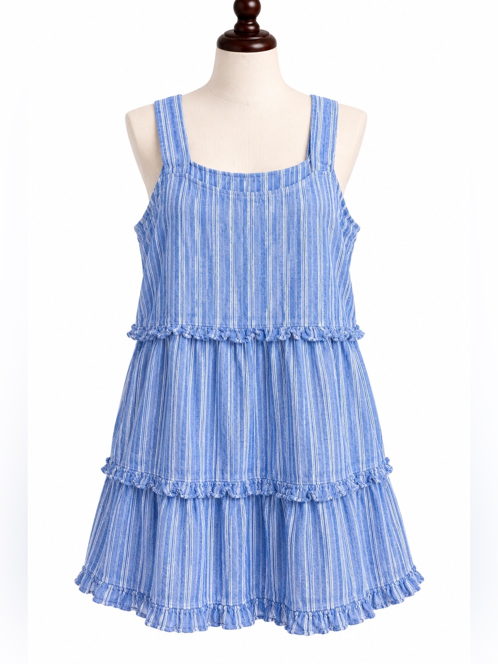 beachlunchlounge Blue White Striped Tiered Sundress linen
